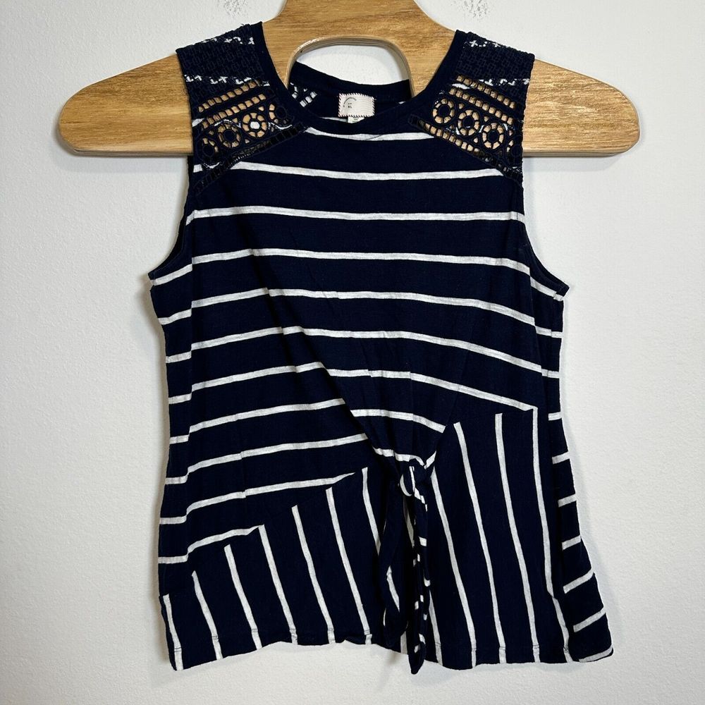 Anthropologie Navy and White Striped Crochet-Shoulder Tank